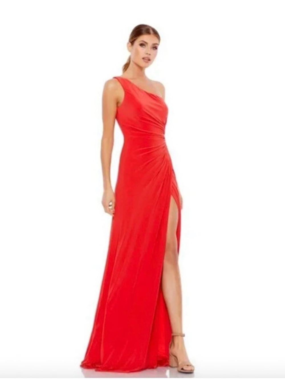 MAC DUGGAL Dress Size 8 Evening Gown NEW Red One Shoulder Ruched Jersey Cherry